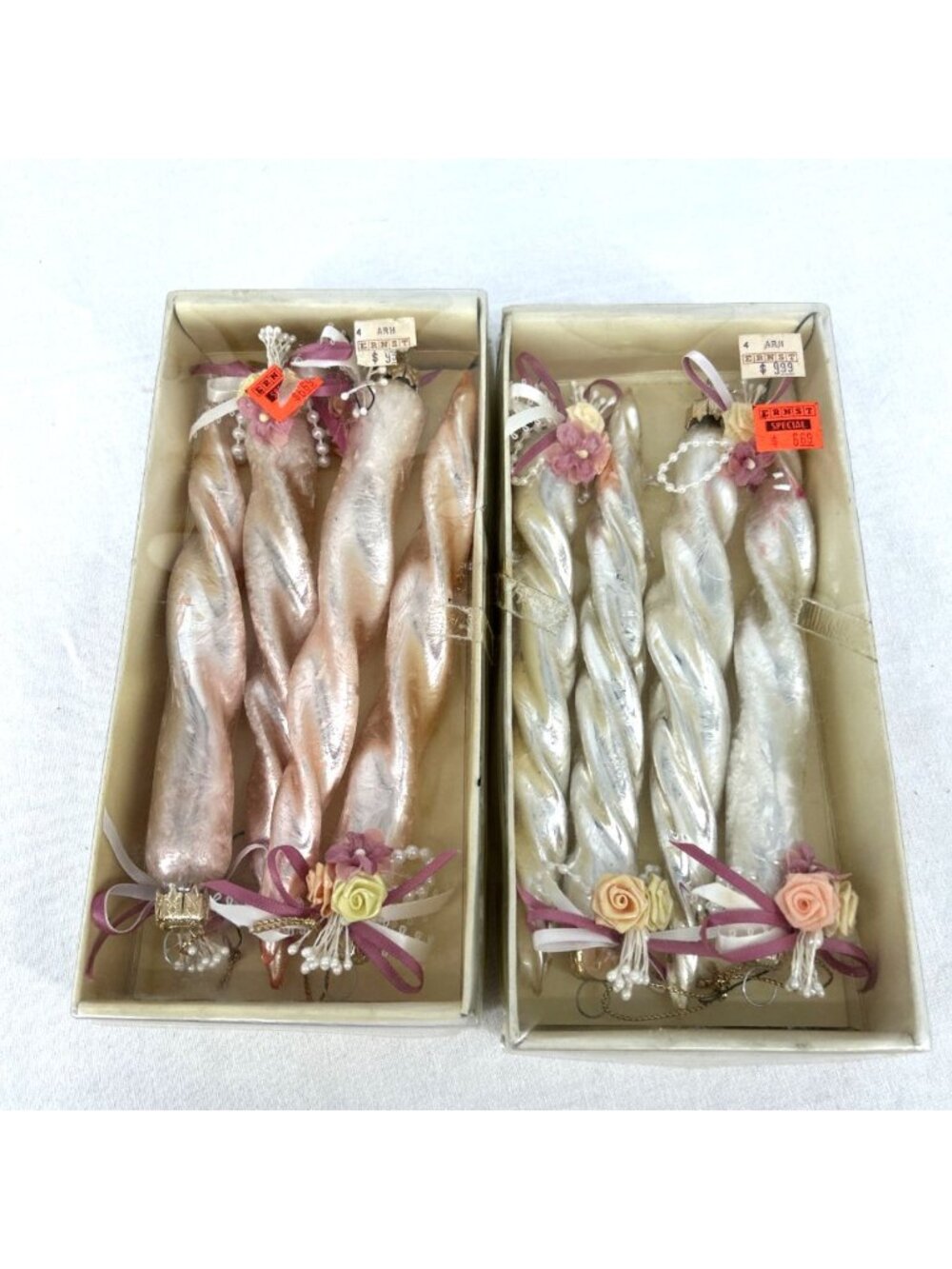 Glass Icicle Iridescent Ornaments Pink White Twisted 7" Lot of 6 Vintage